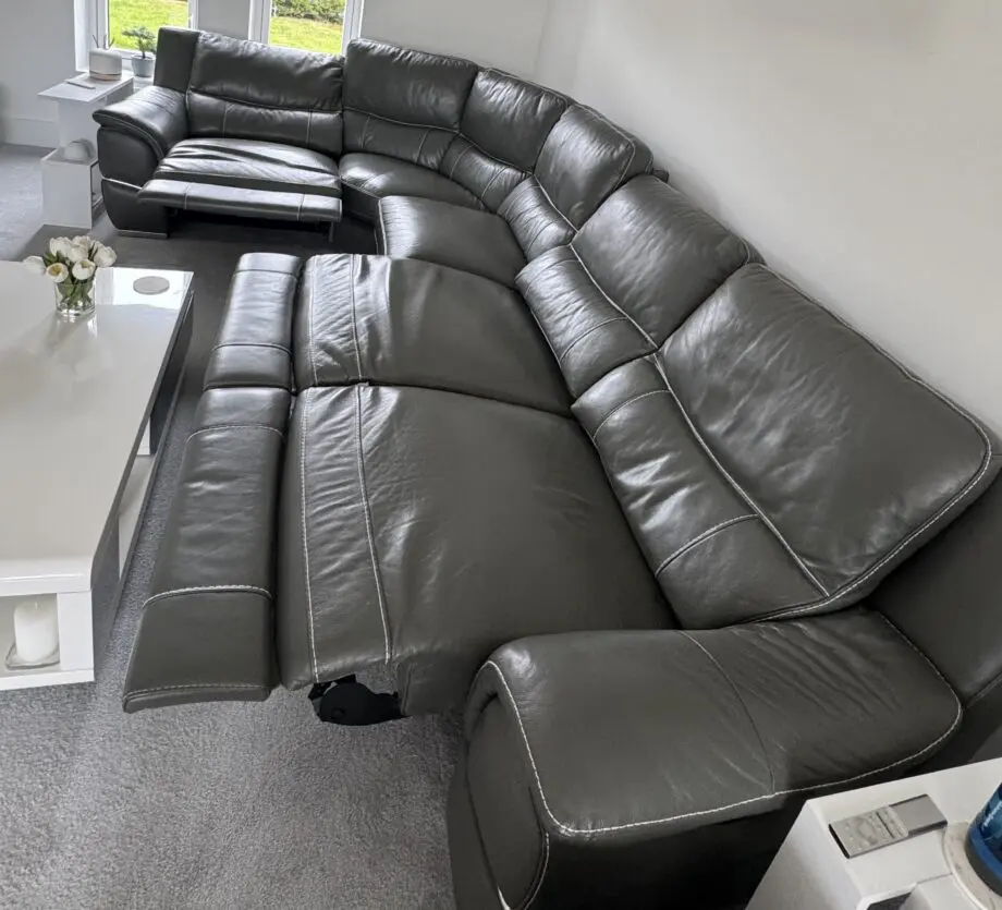 DFS DIRECTOR FULL LEATHER Left hand Facing Power Chaise Corner Sofa, power recliner armchair and a opening footstool