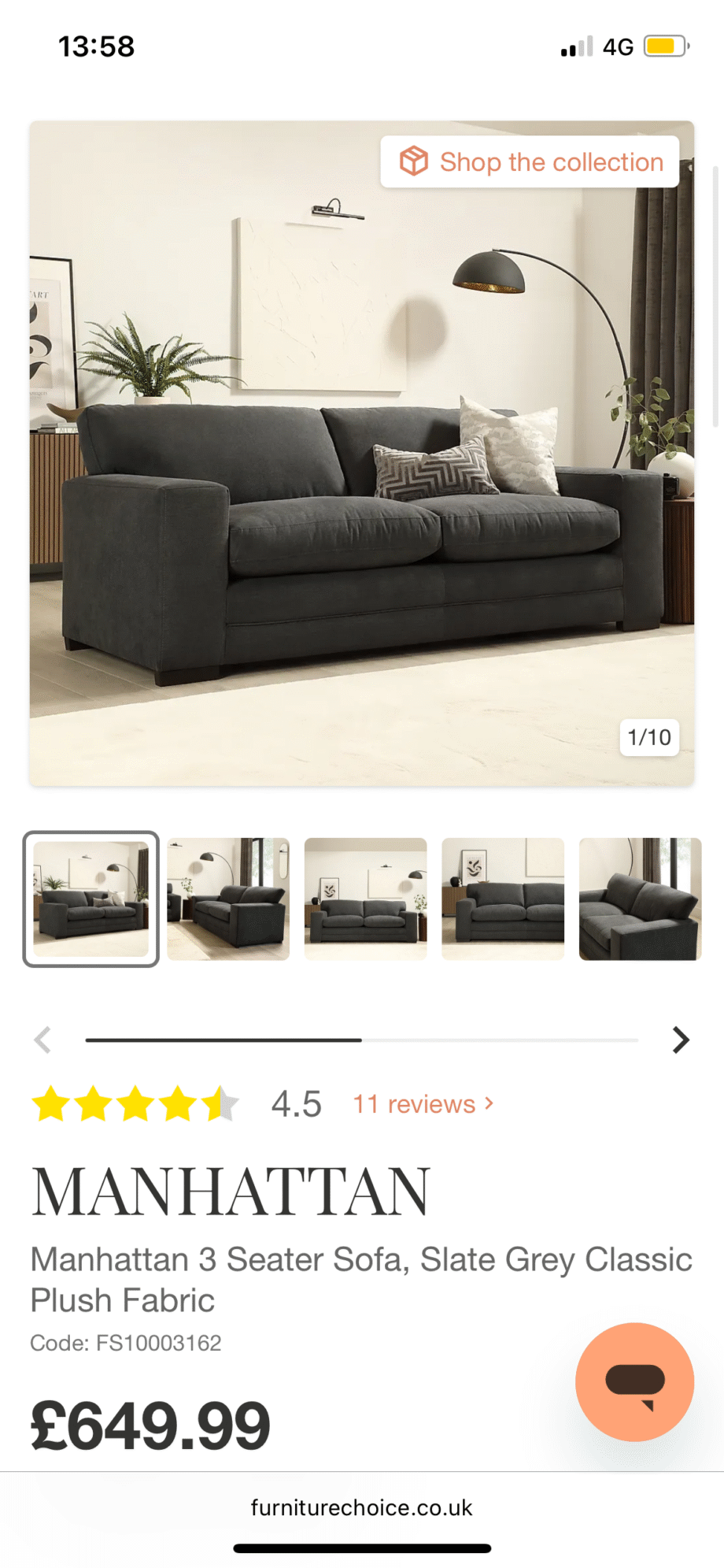 Furniture Choice, 3 Seater Sofa, Manhattan, Slate Grey Classic Plush Fabric