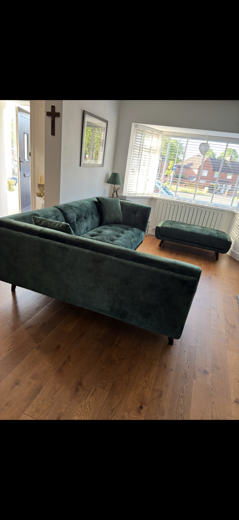 Bottle green corner sofa with footstool