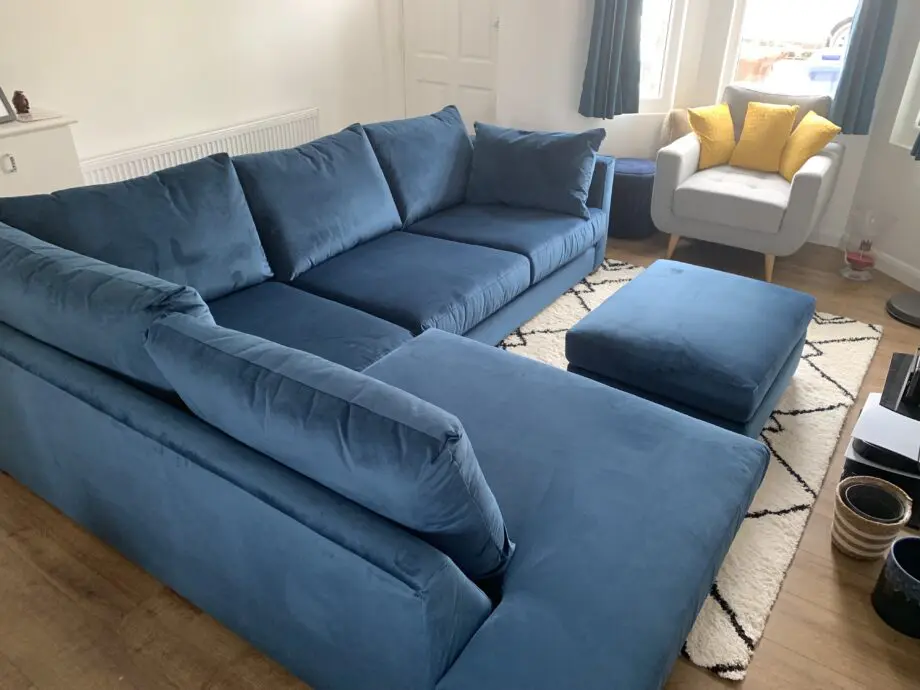 DFS blue velvet corner sofa + chaise