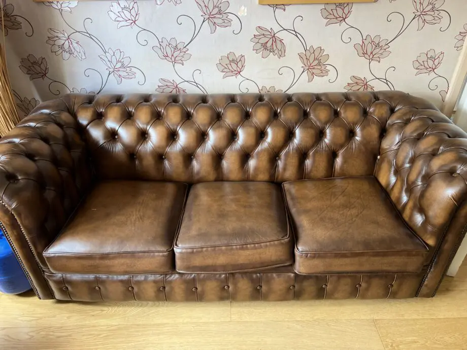 Chesterfield brown leather, 3 seater sofa bed