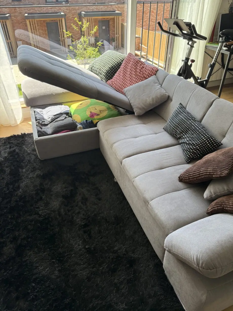 Honeypot Sofa Bed - Malvi Corner Sofabed with Large Storage - Grey Fabric Pull Out Double Sofa Bed Chaise Lounge Couch