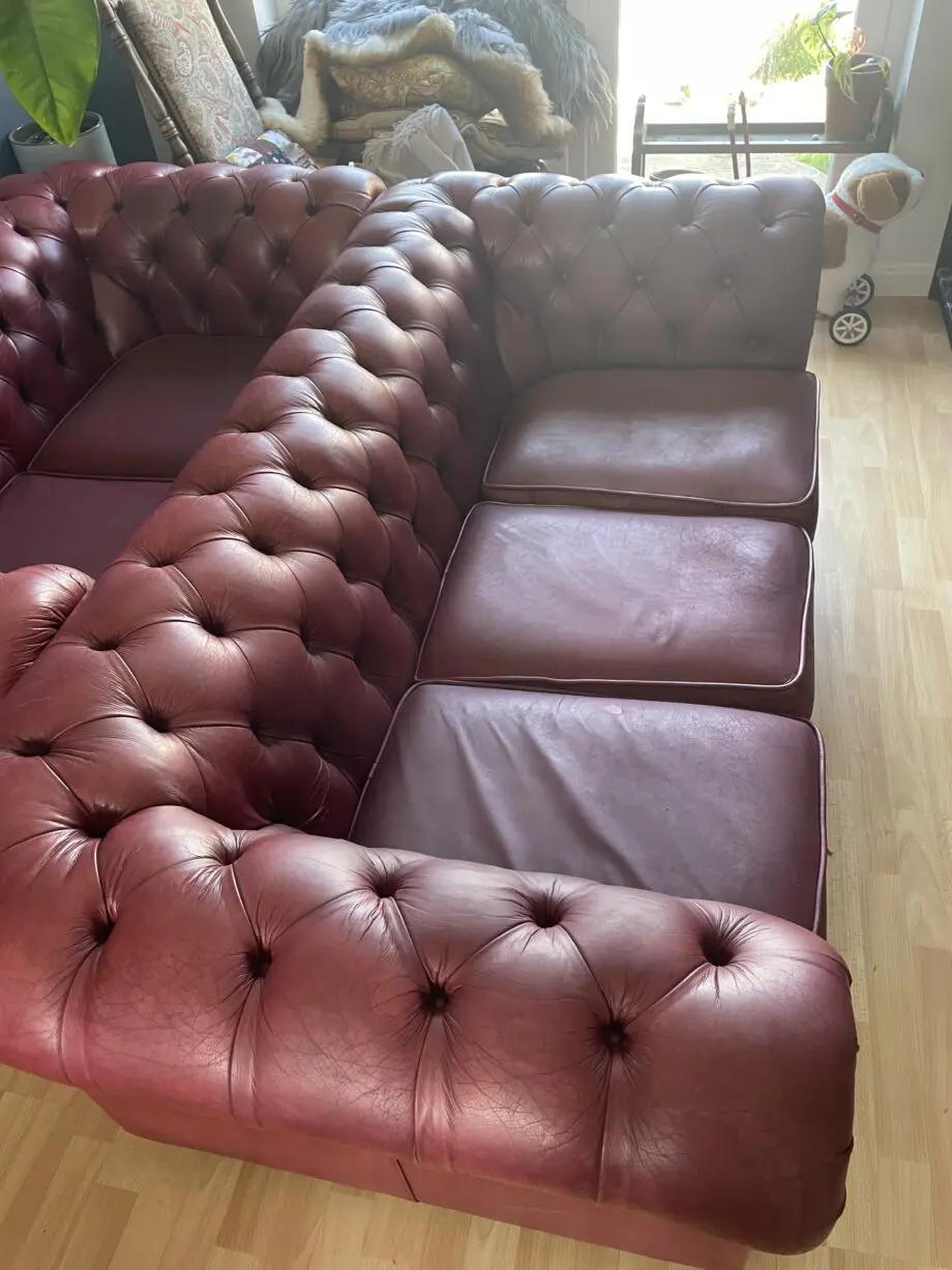 Saxons chesterfield leather maroon sofas