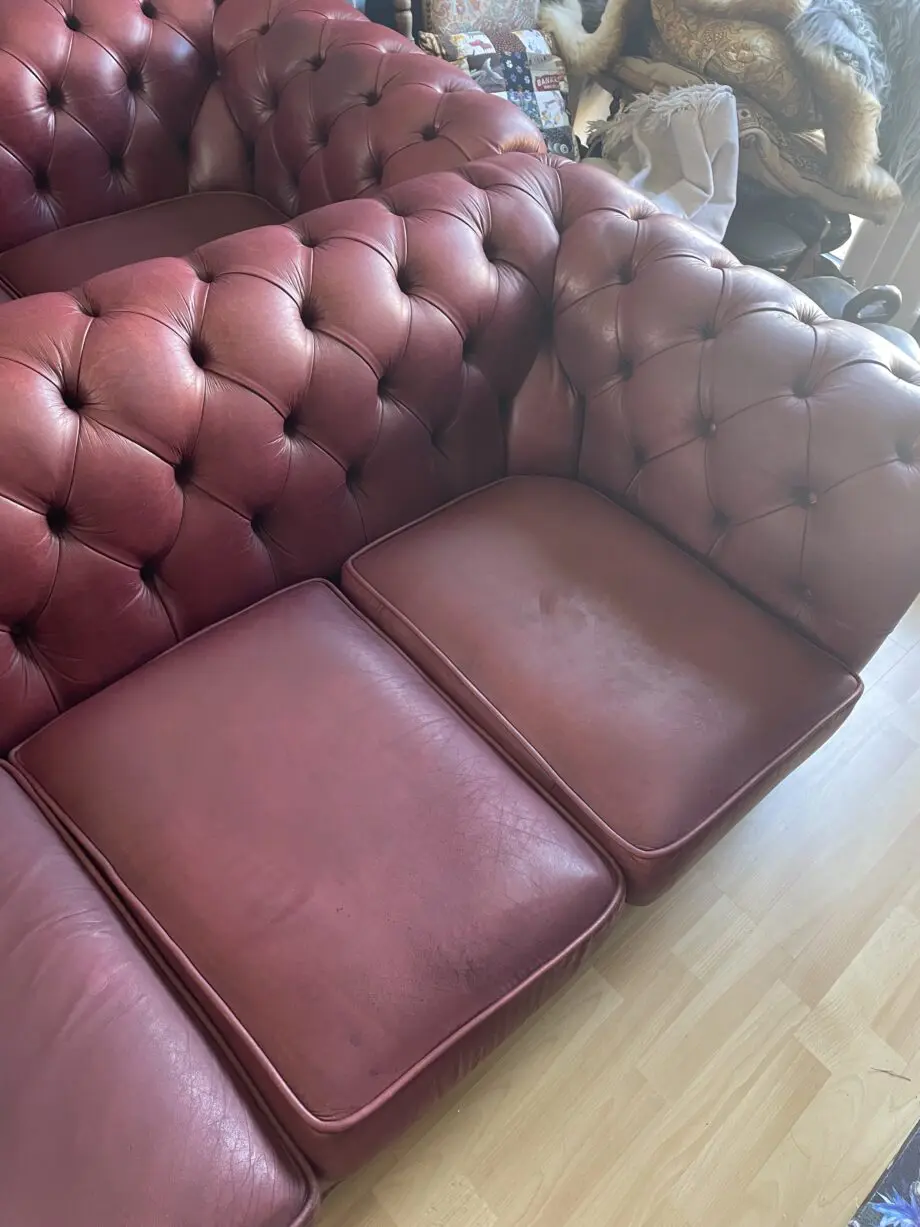 Saxons chesterfield leather maroon sofas