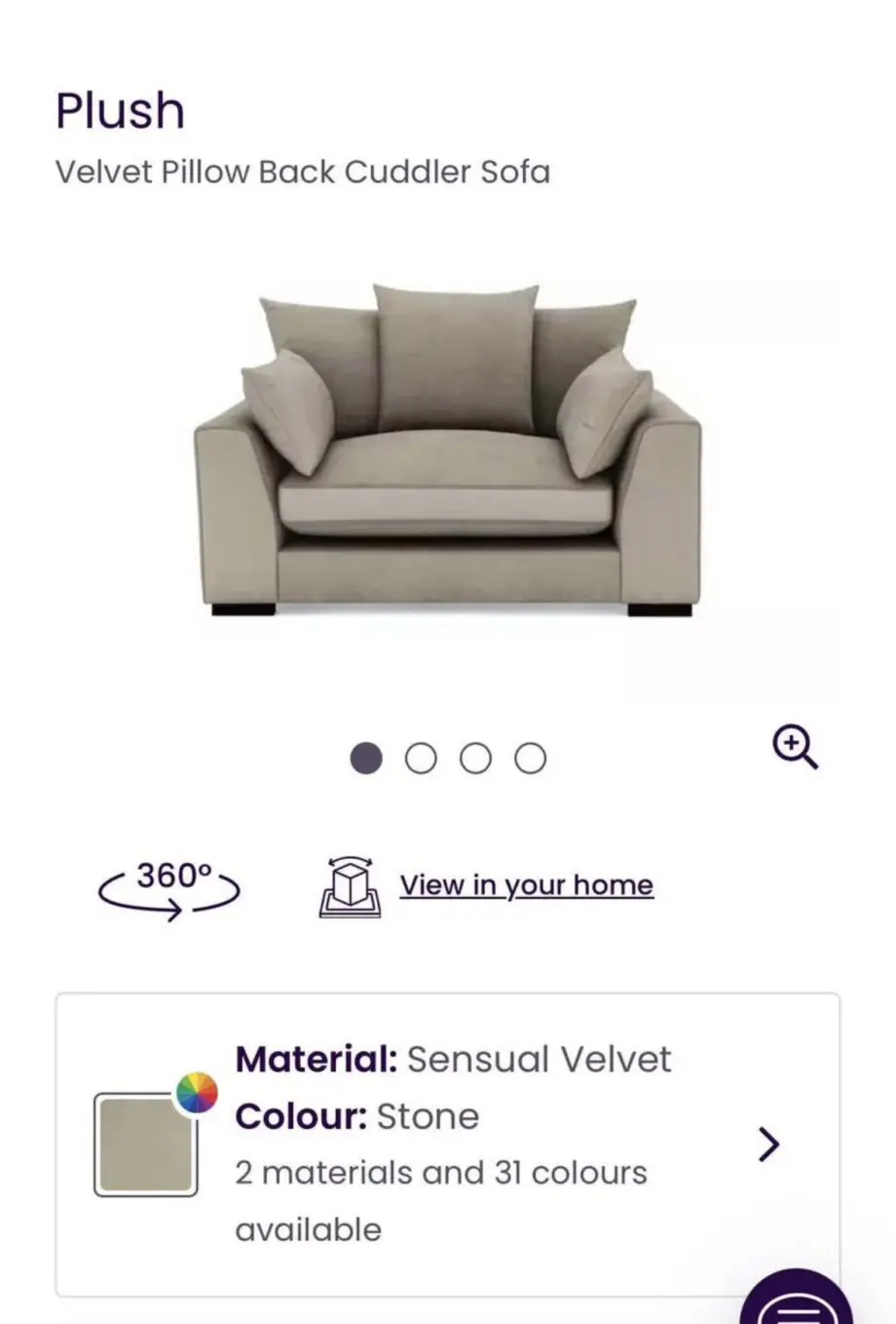 DFS Plush Range - Stone Velvet Pillow Back Cuddler Sofa