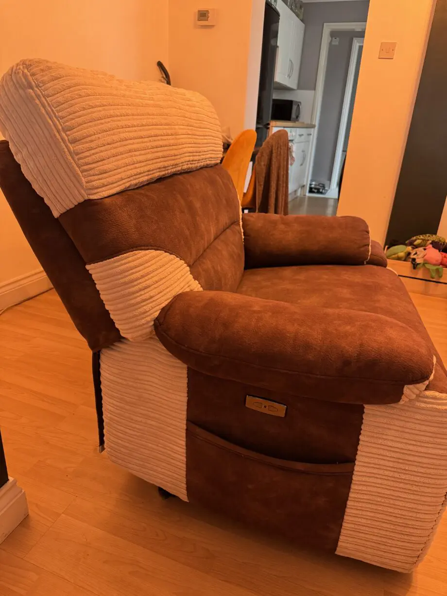 SCS electric recliner cuddle armchair,beige cord with brown fabric