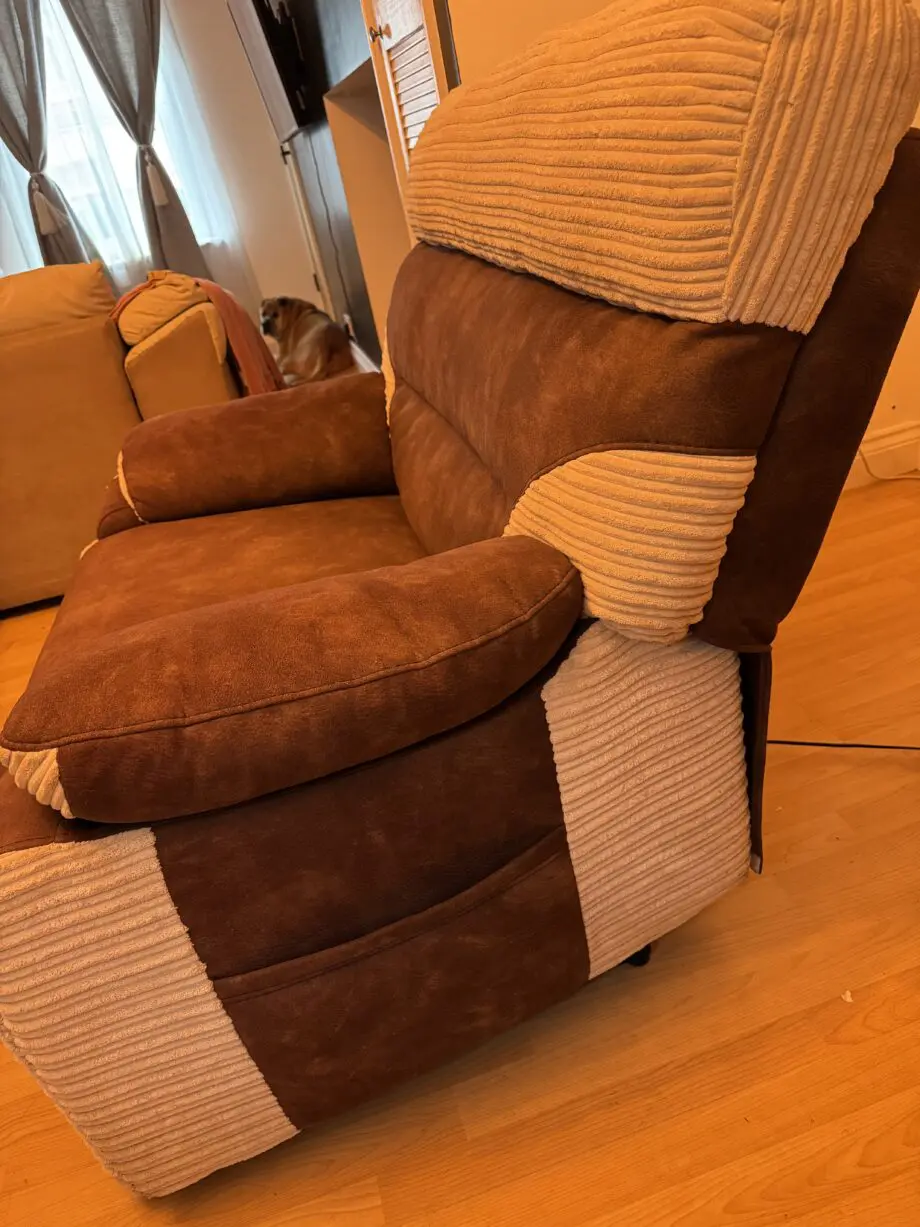 SCS electric recliner cuddle armchair,beige cord with brown fabric
