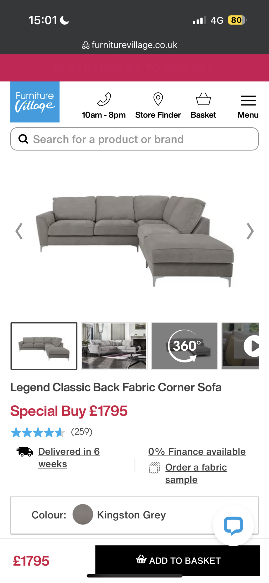 Grey corner sofa - Furniture Village Legend Classic Back Fabric Corner Sofa