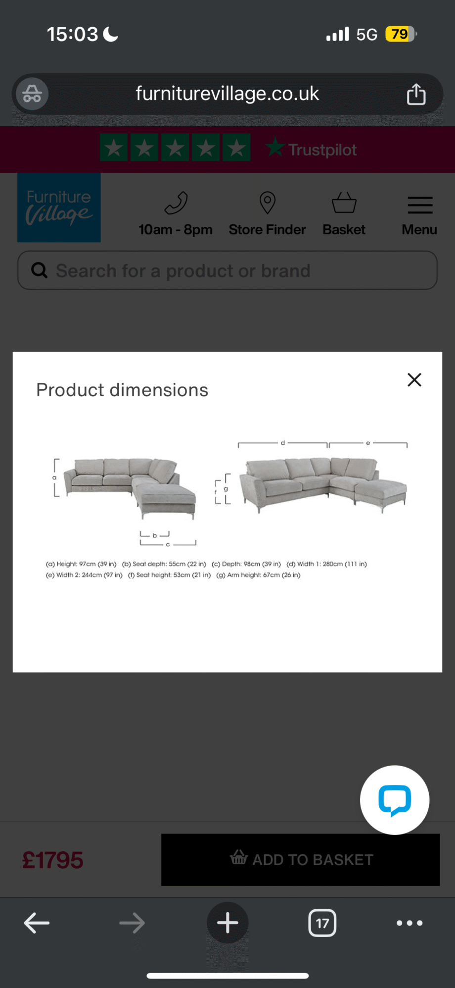 Grey corner sofa - Furniture Village Legend Classic Back Fabric Corner Sofa