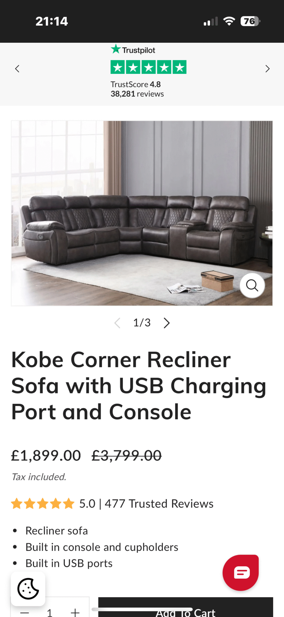 Electric recliner corner sofa