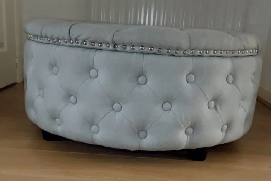 3 seater Grey Linen Left Facing Chesterfield Corner Chaise and a Grey White Round Linen Deep Buttoned Ottoman with Studded Edge