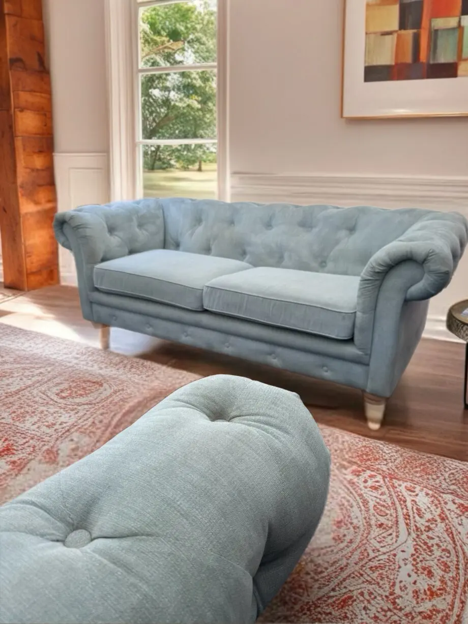 2 Stunning Chesterfield-Style Sofas - Light Blue Velvet Finish