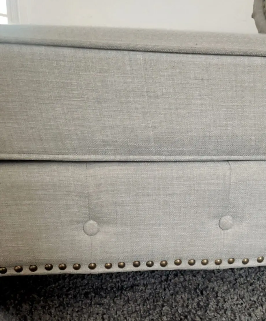 3 seater Grey Linen Left Facing Chesterfield Corner Chaise and a Grey White Round Linen Deep Buttoned Ottoman with Studded Edge