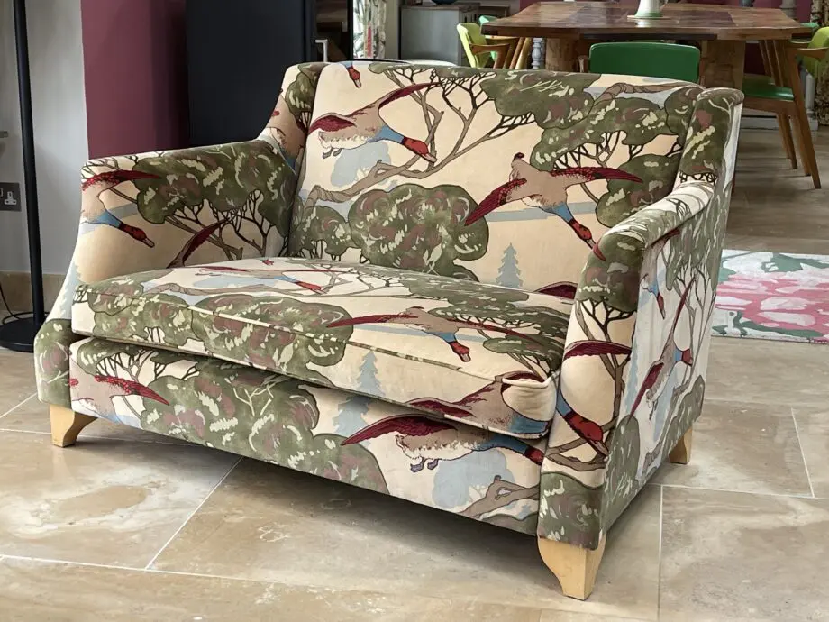 WESLEY BARRELL 2 SEATER, COVERED IN BEAUTIFUL NATURAL MULBERRY VELVET FLYING DUCKS FABRIC