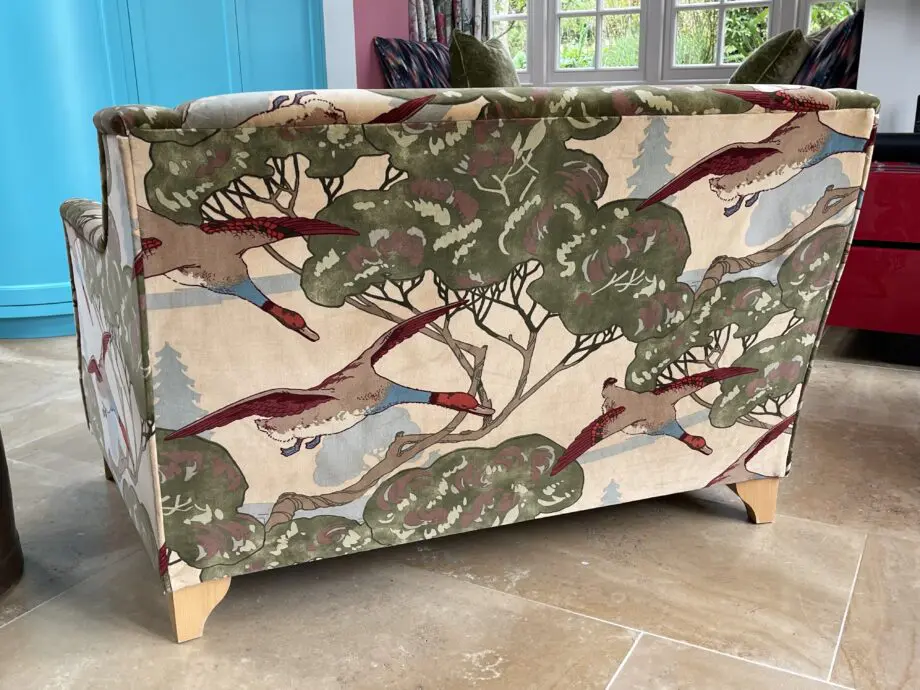 WESLEY BARRELL 2 SEATER, COVERED IN BEAUTIFUL NATURAL MULBERRY VELVET FLYING DUCKS FABRIC