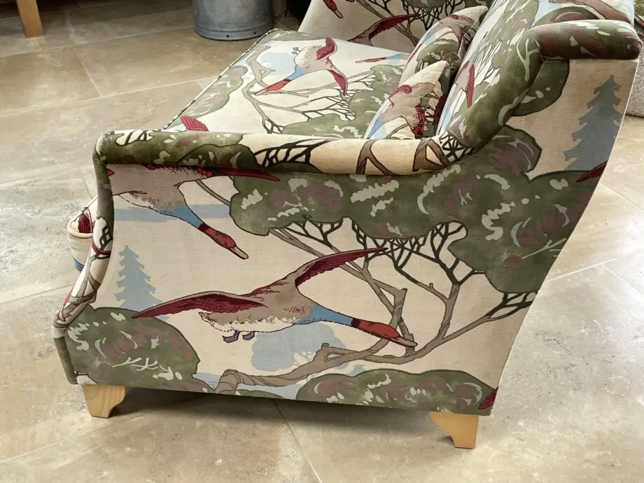 WESLEY BARRELL 2 SEATER, COVERED IN BEAUTIFUL NATURAL MULBERRY VELVET FLYING DUCKS FABRIC