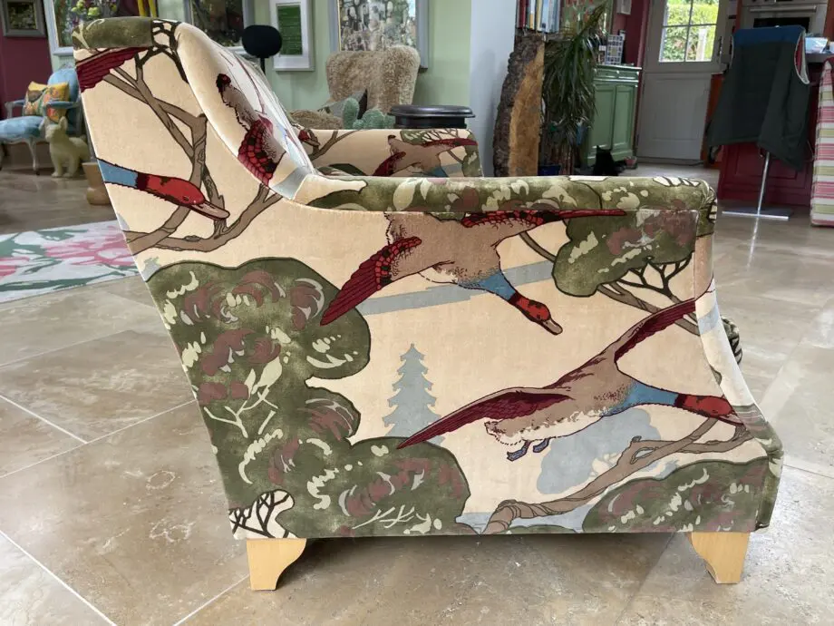 WESLEY BARRELL 2 SEATER, COVERED IN BEAUTIFUL NATURAL MULBERRY VELVET FLYING DUCKS FABRIC