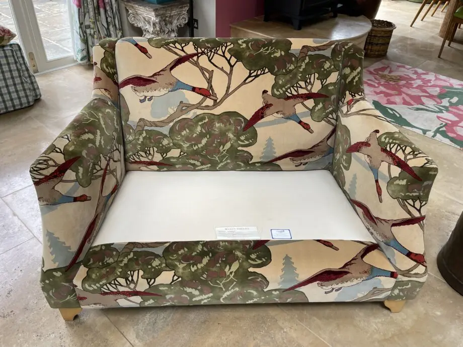 WESLEY BARRELL 2 SEATER, COVERED IN BEAUTIFUL NATURAL MULBERRY VELVET FLYING DUCKS FABRIC