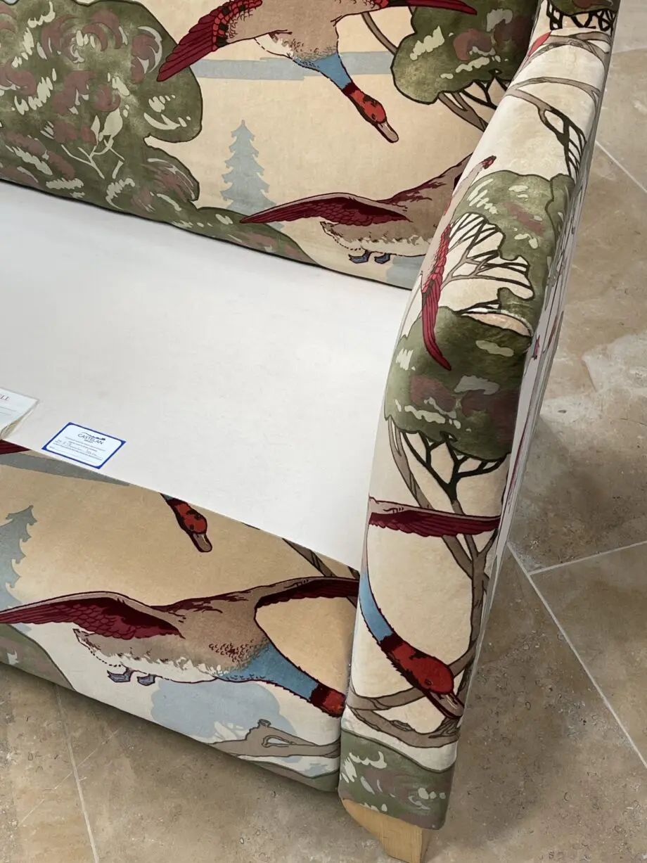 WESLEY BARRELL 2 SEATER, COVERED IN BEAUTIFUL NATURAL MULBERRY VELVET FLYING DUCKS FABRIC