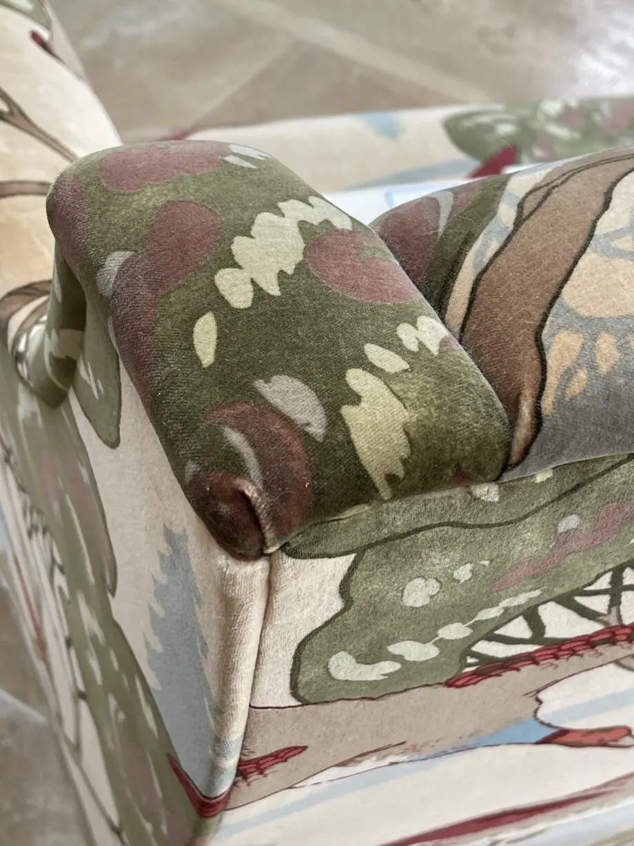 WESLEY BARRELL 2 SEATER, COVERED IN BEAUTIFUL NATURAL MULBERRY VELVET FLYING DUCKS FABRIC
