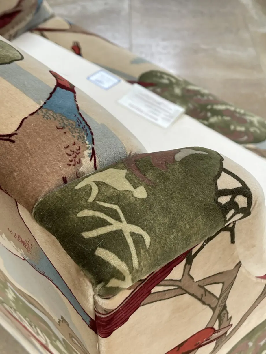 WESLEY BARRELL 2 SEATER, COVERED IN BEAUTIFUL NATURAL MULBERRY VELVET FLYING DUCKS FABRIC