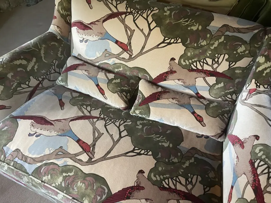 WESLEY BARRELL 2 SEATER, COVERED IN BEAUTIFUL NATURAL MULBERRY VELVET FLYING DUCKS FABRIC