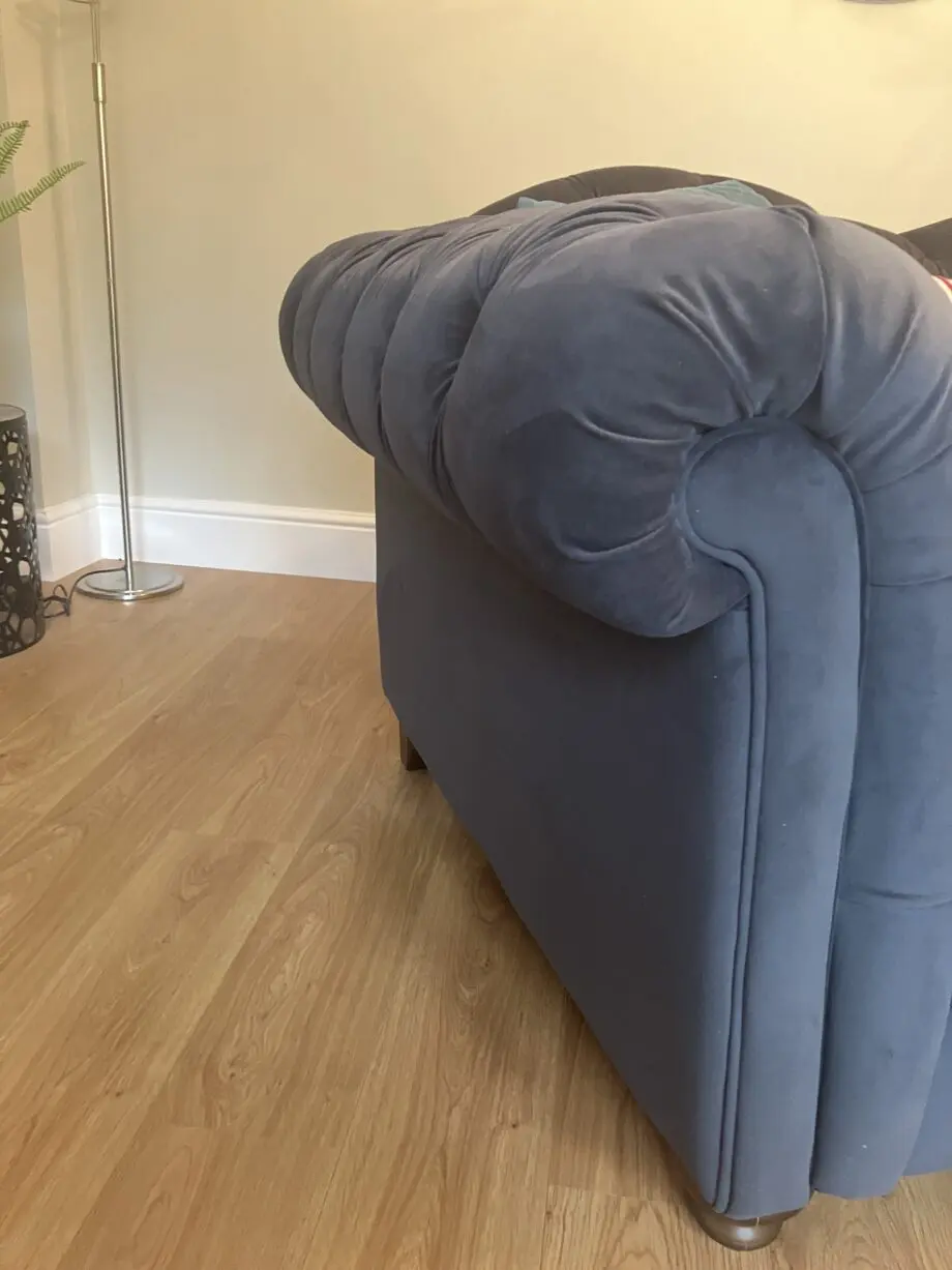 DFS Joules 3 seater velvet sofa, colour: charcoal. DFS Joules 2 seater velvet sofa, colour: charcoal. DFS Joules velvet footstool, colour: charcoal.