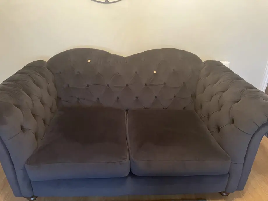 DFS Joules 3 seater velvet sofa, colour: charcoal. DFS Joules 2 seater velvet sofa, colour: charcoal. DFS Joules velvet footstool, colour: charcoal.