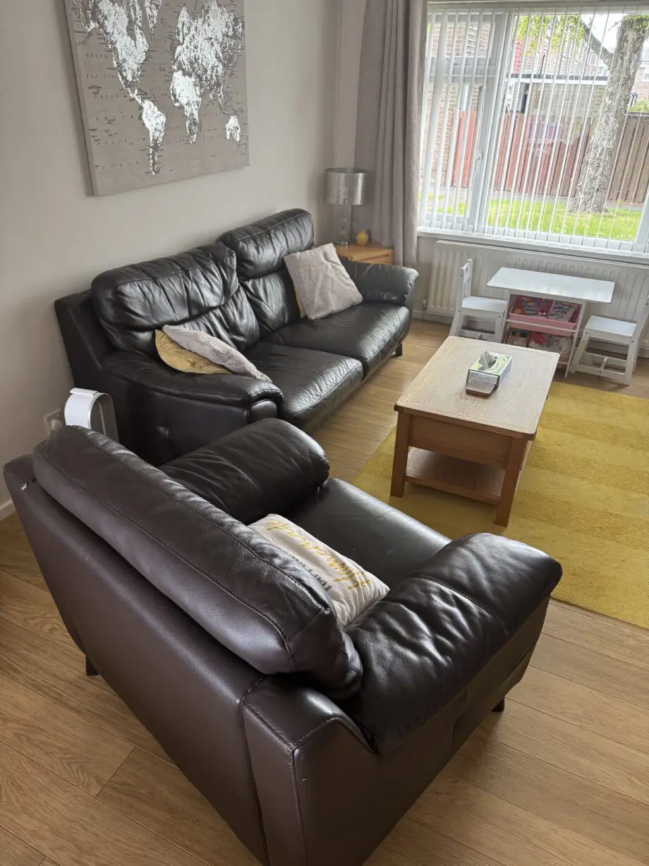DFS BROWN LEATHER SOFA AND CHAIR