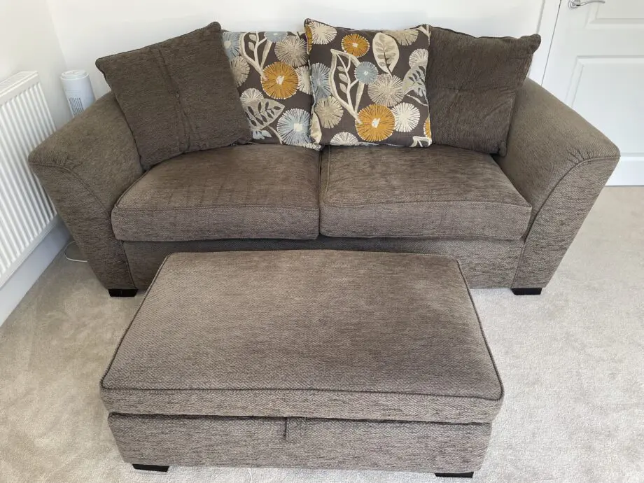 SCS brown 3 seater scatter back sofa and gas lift ottoman footstool
