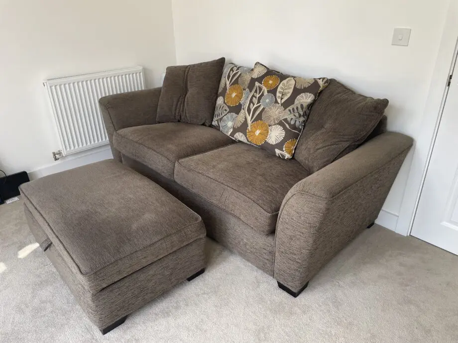 SCS brown 3 seater scatter back sofa and gas lift ottoman footstool