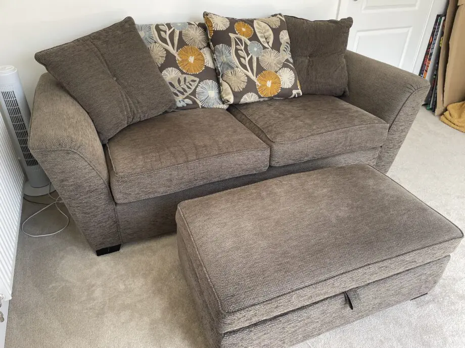 SCS brown 3 seater scatter back sofa and gas lift ottoman footstool