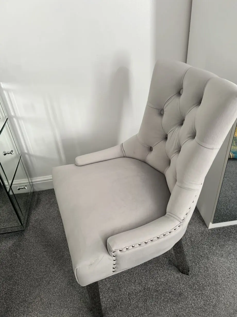 Verona Dining Chair in Light Grey Velvet with Chrome Knocker and Grey Legs