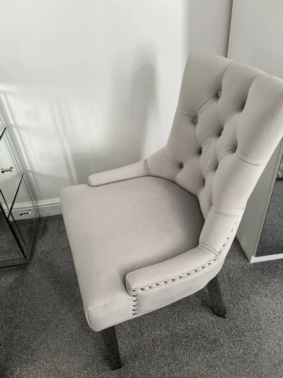 Verona Dining Chair in Light Grey Velvet with Chrome Knocker and Grey Legs
