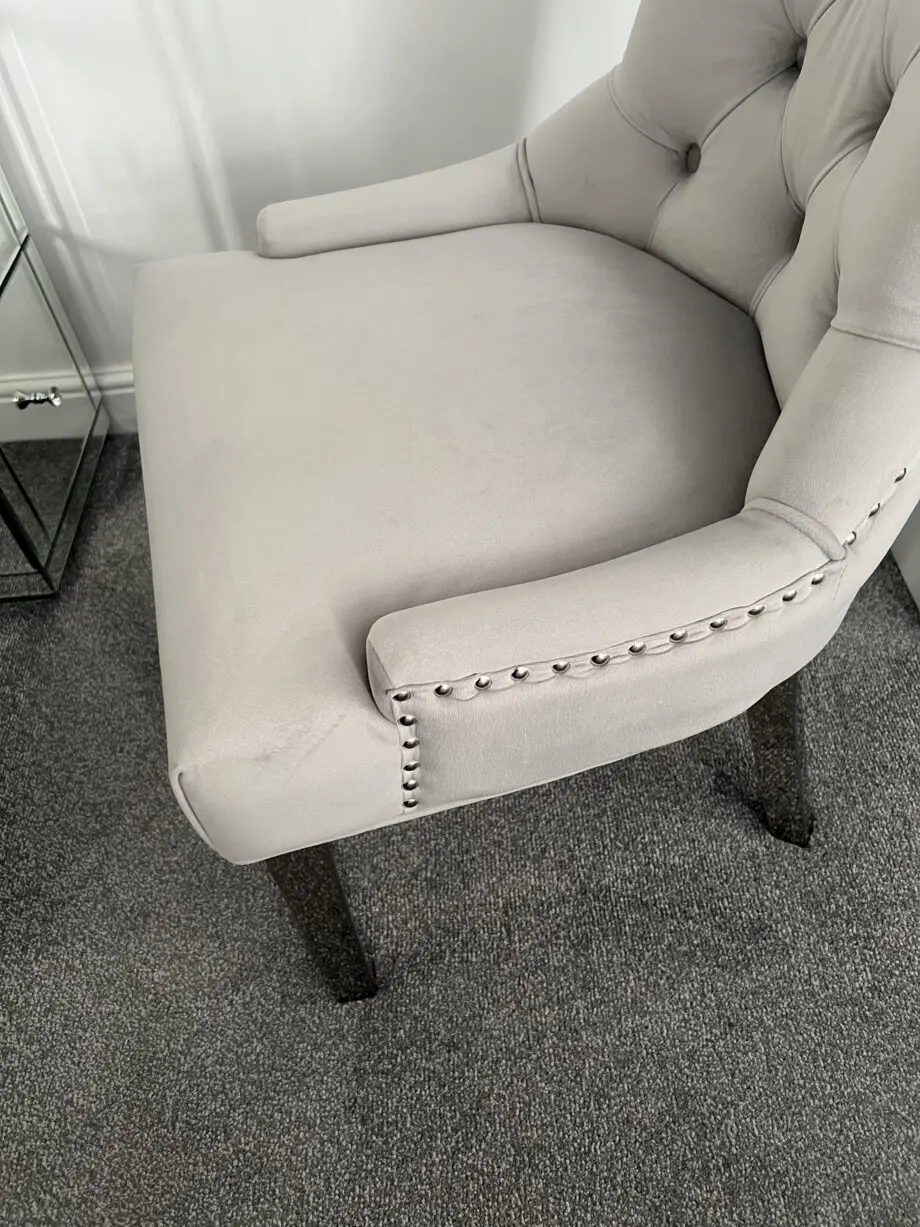 Verona Dining Chair in Light Grey Velvet with Chrome Knocker and Grey Legs
