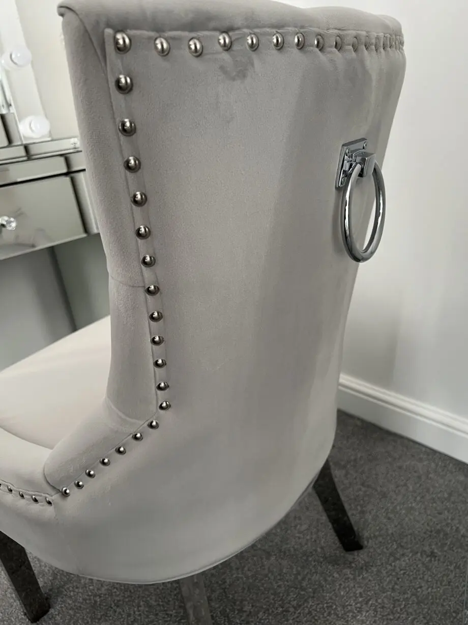 Verona Dining Chair in Light Grey Velvet with Chrome Knocker and Grey Legs