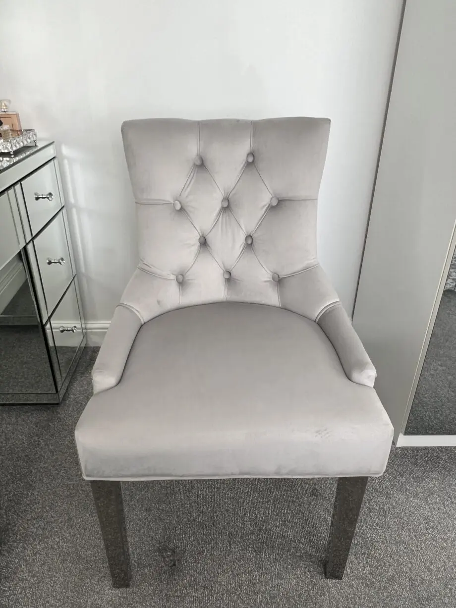 Verona Dining Chair in Light Grey Velvet with Chrome Knocker and Grey Legs