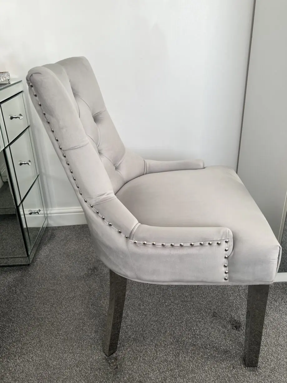 Verona Dining Chair in Light Grey Velvet with Chrome Knocker and Grey Legs