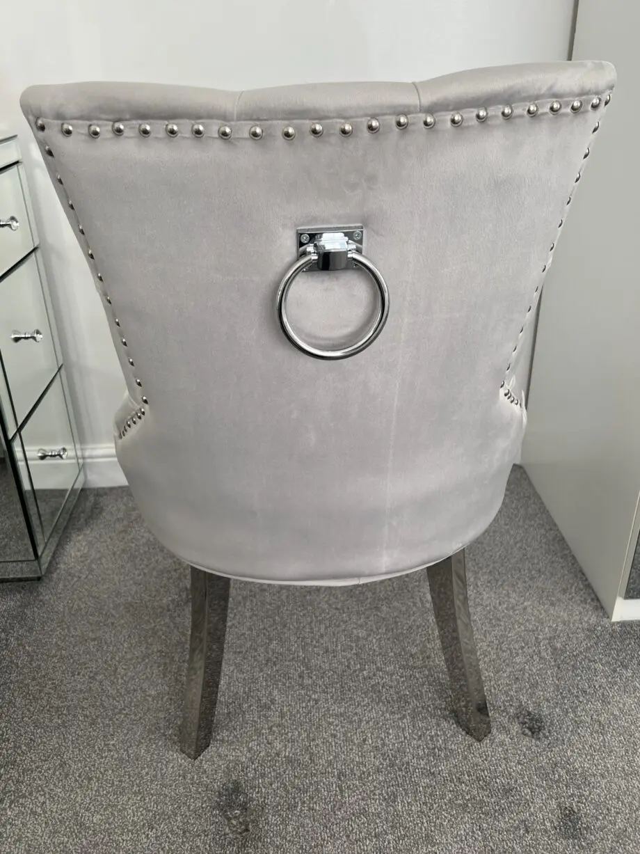 Verona Dining Chair in Light Grey Velvet with Chrome Knocker and Grey Legs