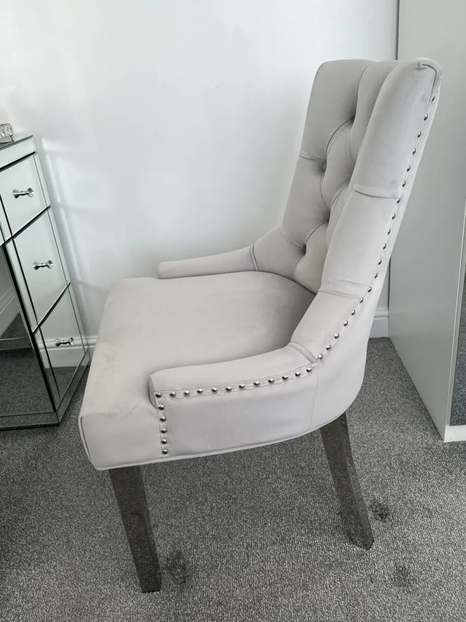 Verona Dining Chair in Light Grey Velvet with Chrome Knocker and Grey Legs