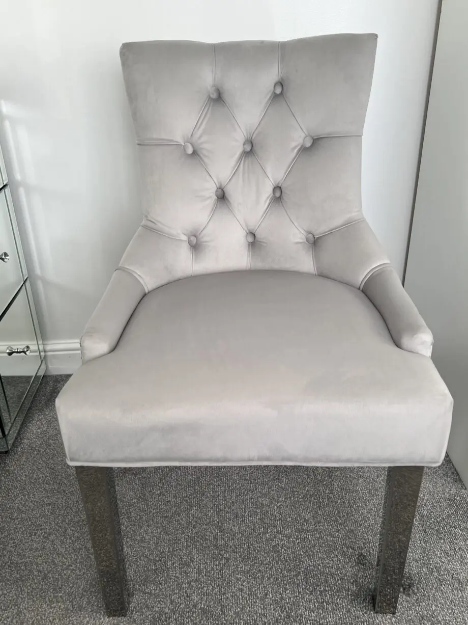 Verona Dining Chair in Light Grey Velvet with Chrome Knocker and Grey Legs