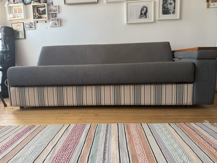 Furl - Play - Sofa Bed - 4 Seater - Everyday Use -Charcoal Grey - Walnut top section over storage arm rest section.
