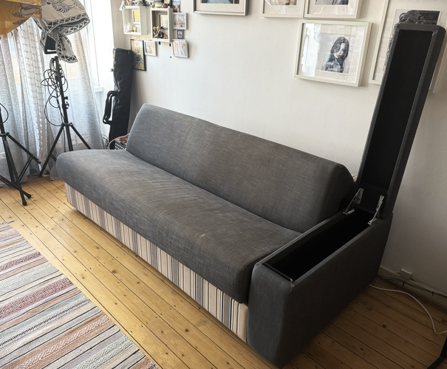 Furl - Play - Sofa Bed - 4 Seater - Everyday Use -Charcoal Grey - Walnut top section over storage arm rest section.