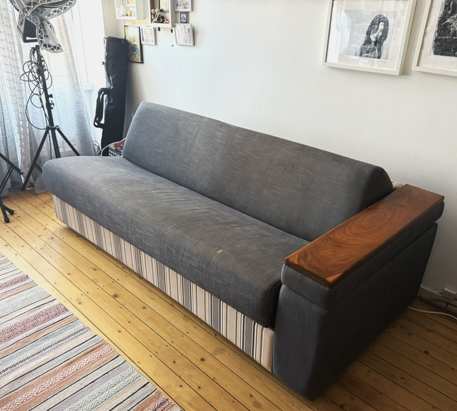 Furl - Play - Sofa Bed - 4 Seater - Everyday Use -Charcoal Grey - Walnut top section over storage arm rest section.