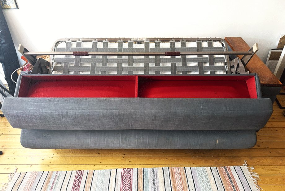 Furl - Play - Sofa Bed - 4 Seater - Everyday Use -Charcoal Grey - Walnut top section over storage arm rest section.
