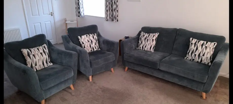 Blue Three Piece Suite with Light Wood Coloured Legs
