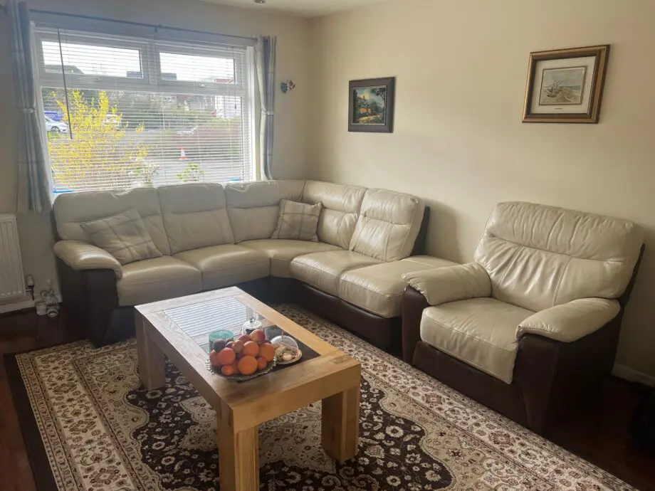 Luxurious DFS sofa & Power Recliner chair Set & marble and wood coffee table