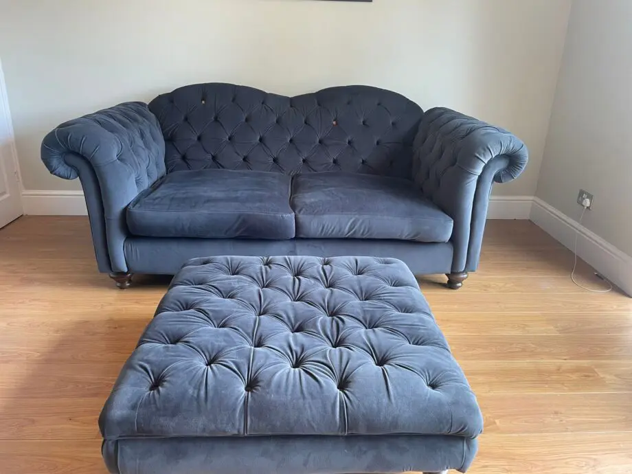 DFS Joules 3 seater velvet sofa, colour: charcoal. DFS Joules 2 seater velvet sofa, colour: charcoal. DFS Joules velvet footstool, colour: charcoal.
