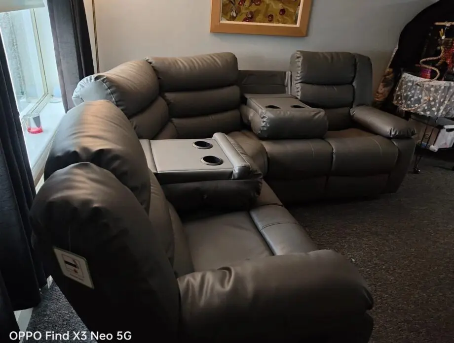 Black Leather Sofa || Recliner Corner Sofa Pull Down Cup Holder