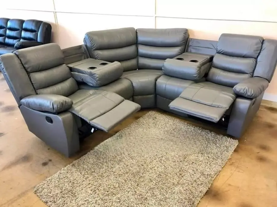 Grey Leather | Corner Recliner Sofa With Cupholders | FREE DELIVERY